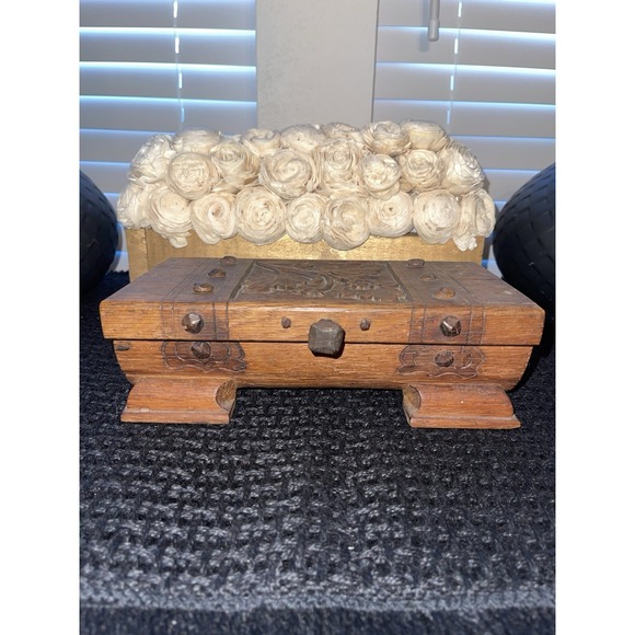 Vintage Handmade Carved Wood Box With Wrought Iron Knob Jewelry Money Misc Box‎